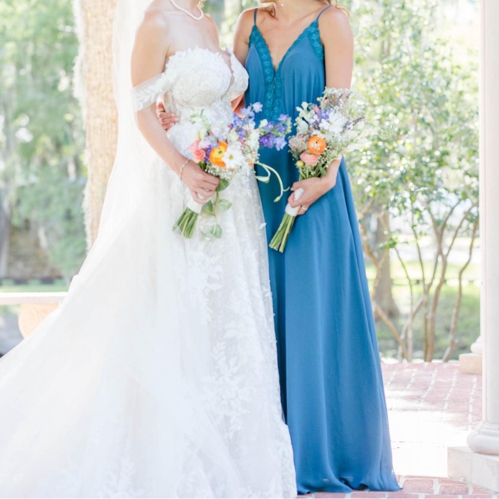 Peacock Ink Blue Plunging Neck and Back Floor-length Gown
